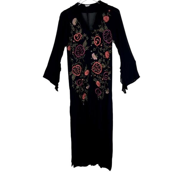 T Rose Floral Embroidered Duster Kimono Dress Black Pink Medium Sheer Ruffles - Picture 1 of 8